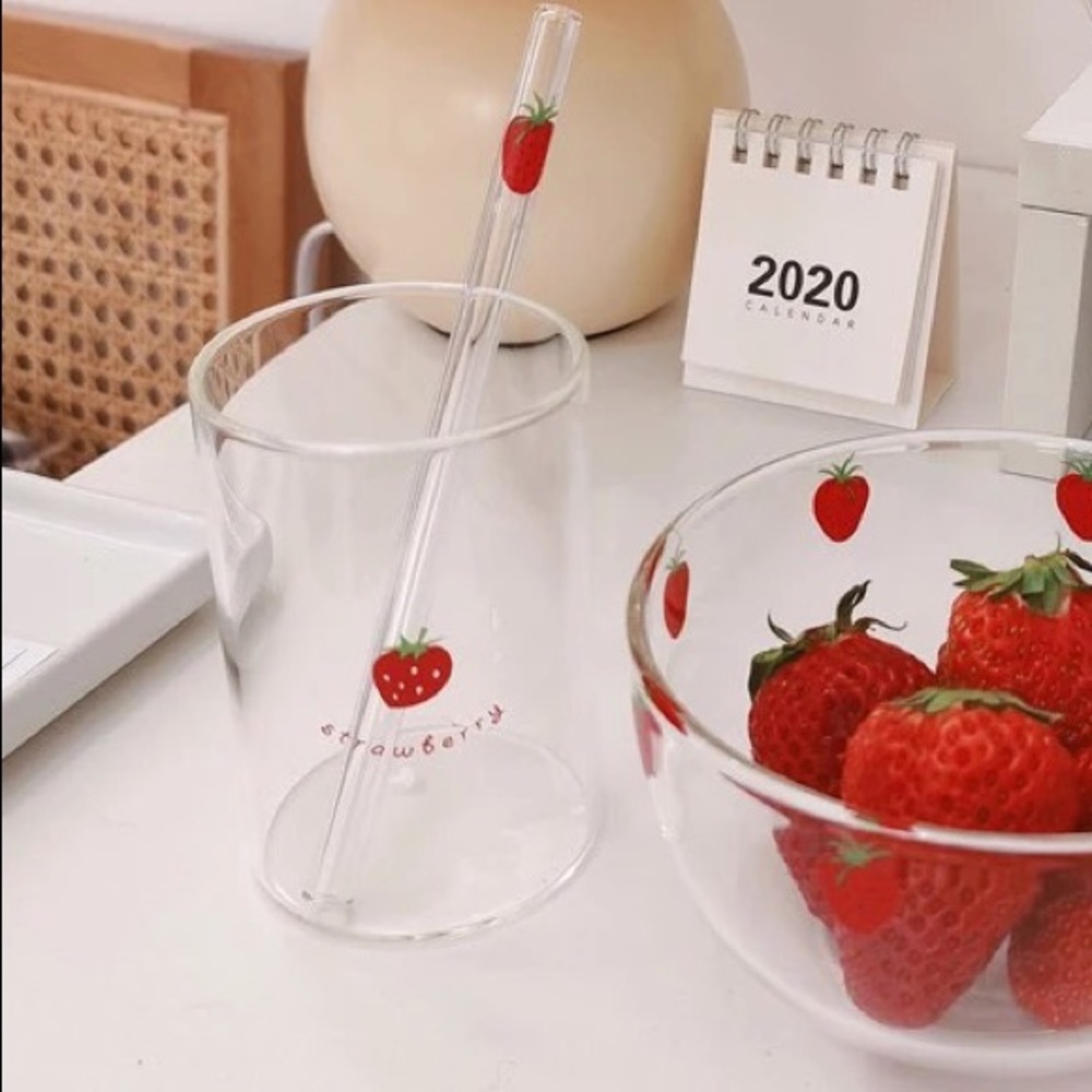 Glass cup strawberry 300ml glass straw set drink ware home kitchen